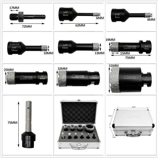 SHDIATOOL 10-Piece Diamond Hole Saw Kit for Porcelain Tile Ceramic Marble Brick Vacuum Brazed Core Drill Bits Set(A85458K1)_1