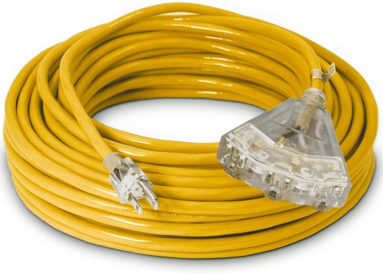 100-ft 14/3 Heavy Duty 3-Outlet Lighted SJTW Indoor / Outdoor Extension Cord by Watt's Wire - Long 100' 14-Gauge Grounded 13-Amp Power-Cord (100