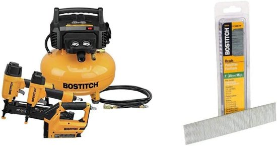 BOSTITCH Air Compressor Combo Kit, 3-Tool (BTFP3KIT) &amp; 18 Gauge Brad Nails, 1-Inch, 1000 per Box (BT1309B-1M)