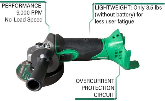 Metabo HPT 18V MultiVolt 4-1/2-Inch Cordless Angle Grinder | Slide Switch w/ Lock-On | Tool Only - No Battery | Lifetime Tool Warranty | G18DSL2_1