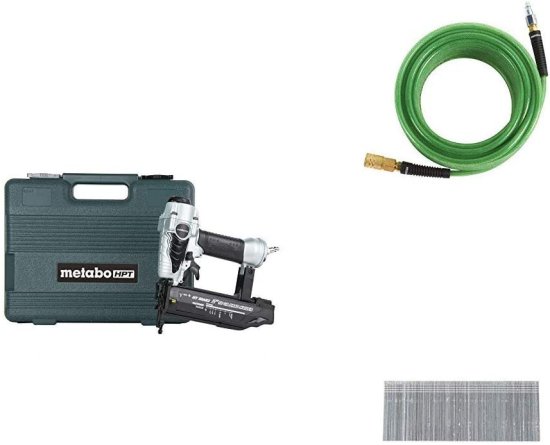 Metabo HPT NT50AE2 Pneumatic Brad Nailer with Metabo HPT 24108THPT Brad Nails and Metabo HPT 115155M Air Nailer Hose, 1/4-Inch x 50 Ft