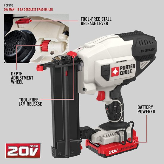PORTER-CABLE 20V MAX* Cordless Brad Nailer Kit with 1 Battery, 18GA (PCC790LA)_1