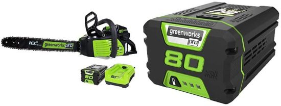 Greenworks Pro 80V 18-Inch Cordless Chainsaw 2Ah Li-Ion Battery and Charger Included GCS80420Green/Black & PRO 80V 2.0 AH Lith