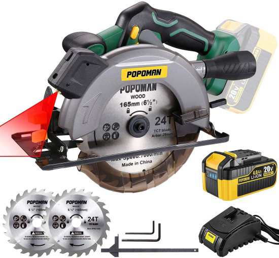 POPOMAN Cordless Circular Saw 4300 RPM 20V 4.0Ah Battery Fast Charger 2 x Blade(6-1/2