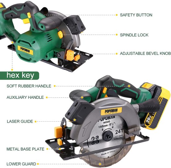 POPOMAN Cordless Circular Saw, 4300 RPM, 20V 4.0Ah Battery, Fast Charger, 2 x Blade(6-1/2"), Adjustable Cutting Depth 2-1/16"(90°), 1-3/8"(45°