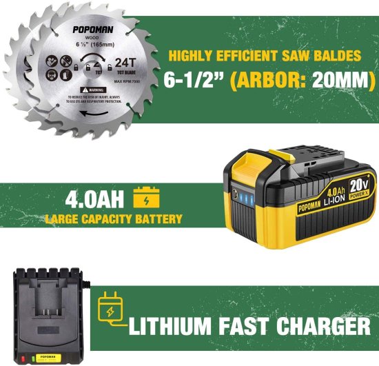 POPOMAN Cordless Circular Saw, 4300 RPM, 20V 4.0Ah Battery, Fast Charger, 2 x Blade(6-1/2"), Adjustable Cutting Depth 2-1/16"(90°), 1-3/8"(45°