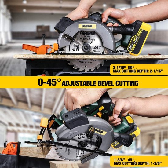 POPOMAN Cordless Circular Saw, 4300 RPM, 20V 4.0Ah Battery, Fast Charger, 2 x Blade(6-1/2"), Adjustable Cutting Depth 2-1/16"(90°), 1-3/8"(45°