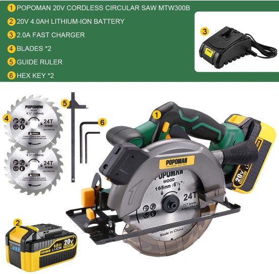 POPOMAN Cordless Circular Saw, 4300 RPM, 20V 4.0Ah Battery, Fast Charger, 2 x Blade(6-1/2"), Adjustable Cutting Depth 2-1/16"(90°), 1-3/8"(45°