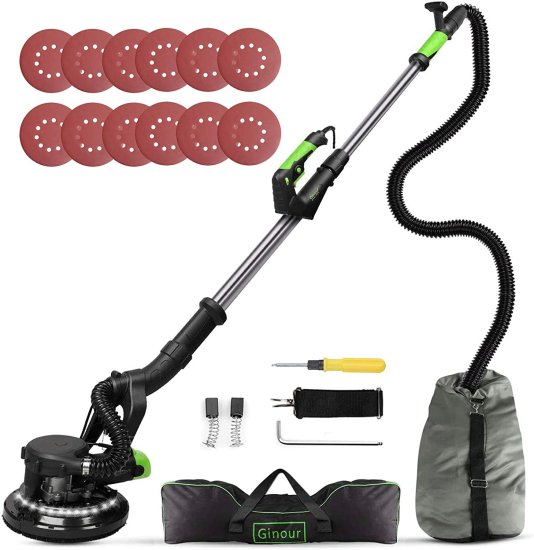 Drywall Sander, Ginour 750W Powerful Wall Sander, 7 Variable Speed 1000-1800RPM Electric Sander with LED Light, Extendable Handle, Portable Bag,