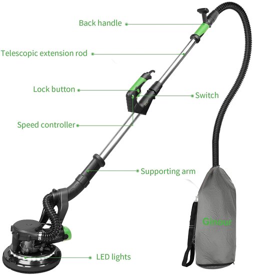 Drywall Sander, Ginour 750W Powerful Wall Sander, 7 Variable Speed 1000-1800RPM Electric Sander with LED Light, Extendable Handle, Portable Bag,_1