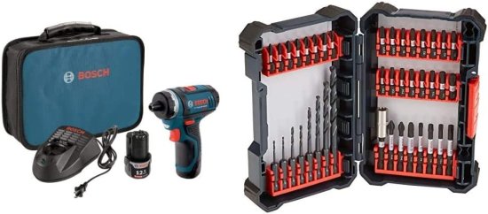 BOSCH ボッシュ PS21-2A 12V Max 2-Speed Pocket Driver Kit with 2 Batteries, Charger and Case & 40 Piece Impact Tough Drill Driver Custom Case Sys