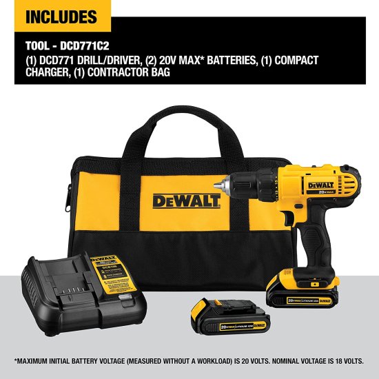 Dewalt デウォルト 20V Max Cordless Drill / Driver Kit, Compact, 1/2-Inch (DCD771C2)