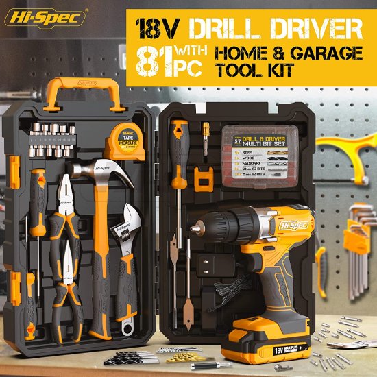 Hi-Spec 81pc Yellow 18V Cordless Power Drill Driver Complete Home &amp; Garage Hand Tool Kit Set for DIY_1