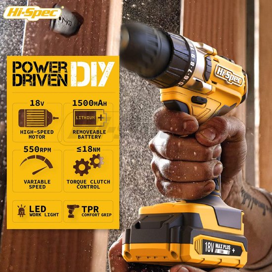 Hi-Spec 81pc Yellow 18V Cordless Power Drill Driver Complete Home &amp; Garage Hand Tool Kit Set for DIY_2