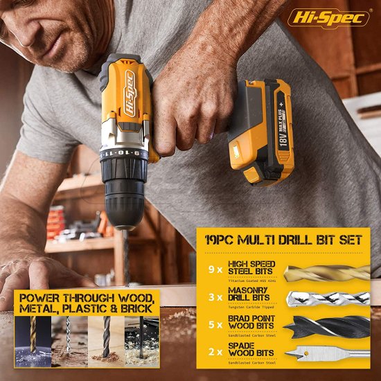 Hi-Spec 81pc Yellow 18V Cordless Power Drill Driver Complete Home &amp; Garage Hand Tool Kit Set for DIY_3