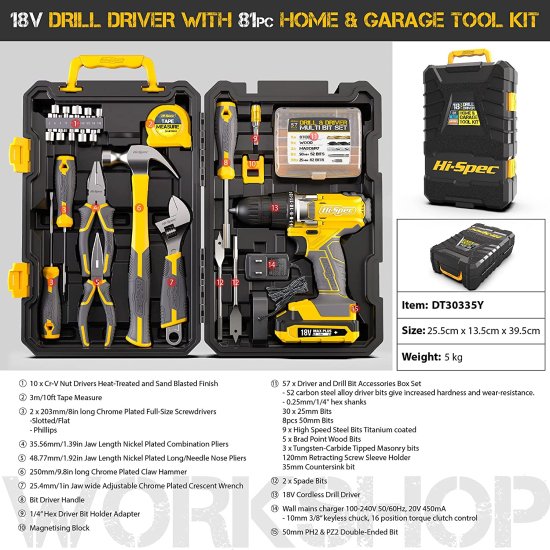 Hi-Spec 81pc Yellow 18V Cordless Power Drill Driver Complete Home &amp; Garage Hand Tool Kit Set for DIY_4