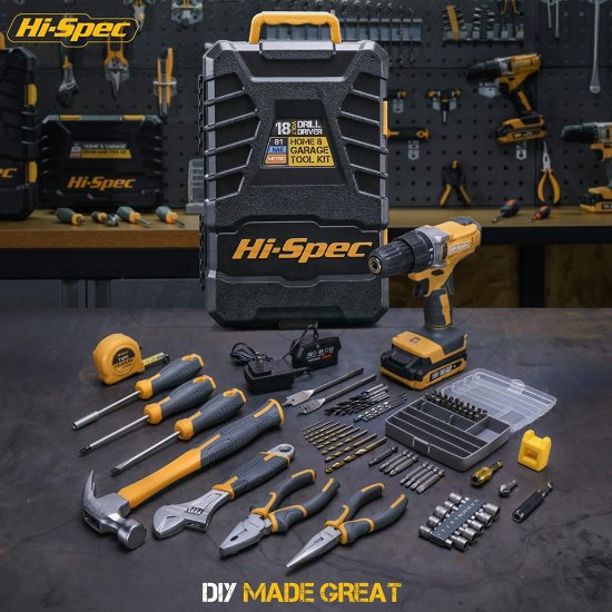 Hi-Spec 81pc Yellow 18V Cordless Power Drill Driver Complete Home &amp; Garage Hand Tool Kit Set for DIY_6