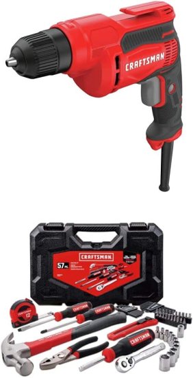 CRAFTSMAN Drill/Driver, 7-Amp, 3/8-Inch with Mechanics Tools Kit/Socket Set, 57-Piece (CMED731 & CMMT99446)