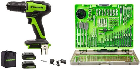 Greenworks 24V Brushless Cordless Drill/Driver with 2x 1.5Ah USB Batteries and Charger with 90-Piece Impact Rated Driving Bit S