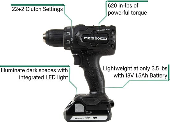 Metabo HPT DS18DBFL2QB 18V Cordless Driver Drill, 1.5 Ah Lithium Ion Battery, LED Light, Brushless, Lifetime Tool Warranty, Black Design_1