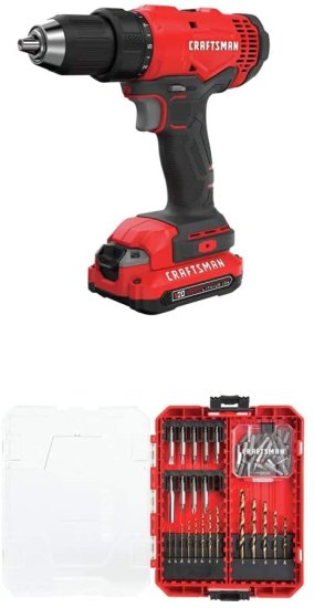 CRAFTSMAN V20 Cordless Drill/Driver Kit (CMCD701C2) w/CRAFTSMAN Drill/Driver Set, 53-Piece (CMAF1253)