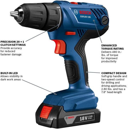 BOSCH ボッシュ 18V Compact 1/2" Drill/Driver Kit with (2) 1.5 Ah Slim Pack Batteries GSR18V-190B22_1
