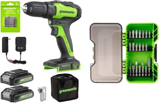 Greenworks 24V Brushless Cordless Variable Speed Drill Kit, Batteries and Charger Included, with 20-Piece Impact Rated Driving Bit Set