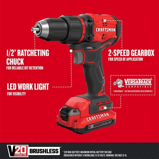 CRAFTSMAN V20* Cordless Drill/Driver Kit, Brushless (CMCD710C1) , Red , 1/2-in._1