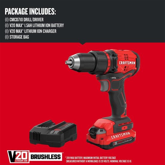 CRAFTSMAN V20* Cordless Drill/Driver Kit, Brushless (CMCD710C1) , Red , 1/2-in._2