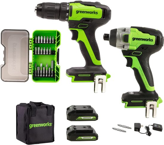 Greenworks 24V Brushless Drill/Driver + Impact Driver Combo Kit, with 20-Piece Impact Rated Driving Bit Set