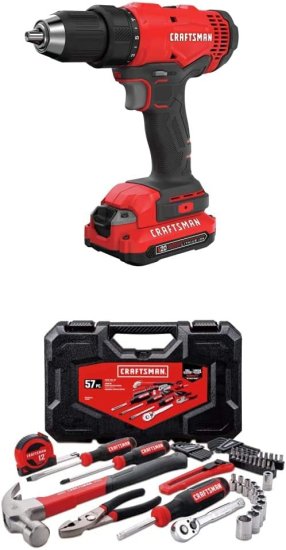 CRAFTSMAN V20 Cordless Drill/Driver Kit with Mechanics Tools Kit/Socket Set, 57-Piece (CMCD701C2 &amp; CMMT99446)