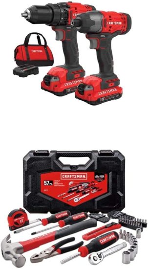 CRAFTSMAN V20 Cordless Drill Combo Kit, 2 Tool with Mechanics Tools Kit/Socket Set, 57-Piece (CMCK200C2 &amp; CMMT99446)