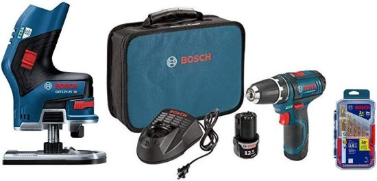 BOSCH ボッシュ PS31-2A 12V Max 3/8-In 2-Speed Drill/Driver Kit 12V Max EC Brushless Palm Edge Router and the TI14 Titanium Metal Drill Bit Set