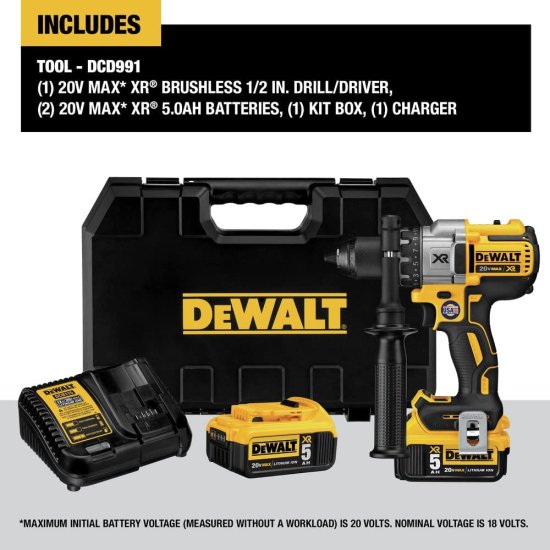 Dewalt デウォルト 20V MAX XR Brushless Drill/Driver 3-Speed, Premium 5.0Ah Kit, Cordless (DCD991P2)_1