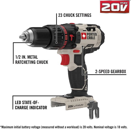 PORTER-CABLE 20V MAX* Hammer Drill, Tool Only (PCC620B)