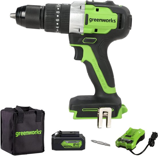 Greenworks 24V Brushless Cordless Hammer Drill Kit, 530 in./lbs Torque, 20+1 Position Clutch, 1/2 '' Keyless Chuck, Variable Speed, (1) 4Ah USB