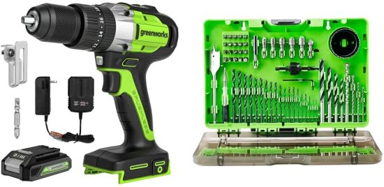 Greenworks 24V Brushless Cordless Hammer Drill Kit, Batteries and Charger Included, with 60-Piece Multi-Material Drill + Drive Bit Set