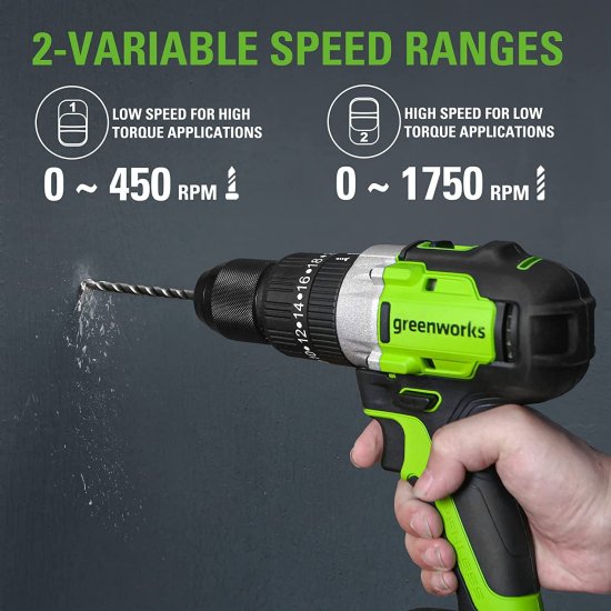Greenworks 24V Brushless Cordless Hammer Drill Kit, Batteries and Charger Included, with 60-Piece Multi-Material Drill + Drive Bit Set_1