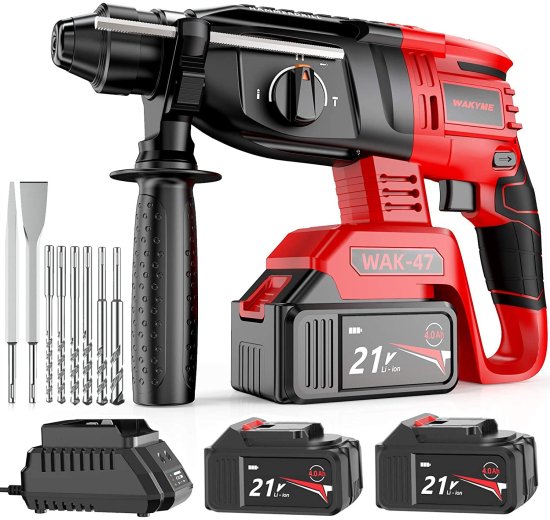 Rotary Hammer Drill, WAKYME SDS-Plus 1/2 inch 21V Cordless Demolition Hammer with 1400RPM and Two 4.0Ah Batteries, Variable Speed, 3-in-1 Mode B