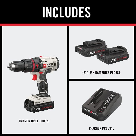 PORTER-CABLE 20V MAX Hammer Drill Kit, Compact, Cordless (PCC621LB)_1