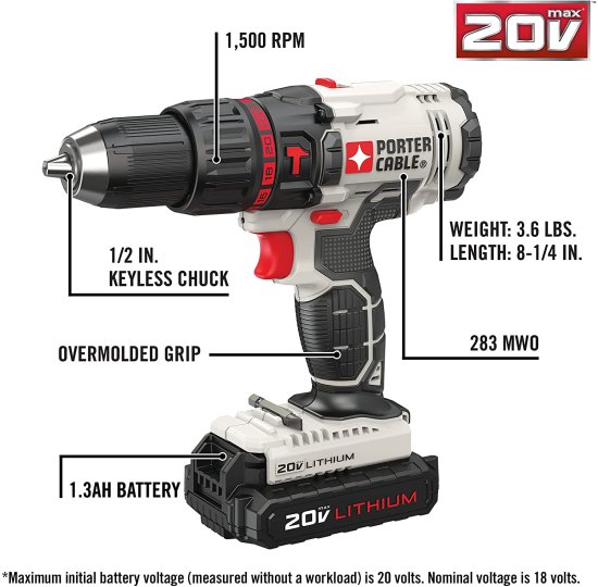 PORTER-CABLE 20V MAX Hammer Drill Kit, Compact, Cordless (PCC621LB)_2