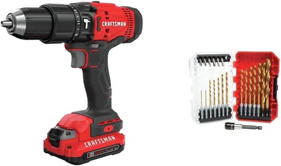 CRAFTSMAN V20 Cordless Hammer Drill Kit with Drill Bit Set/Screwdriver Set, 21-Piece, Titanium (CMCD711C2 & CMAM3211)