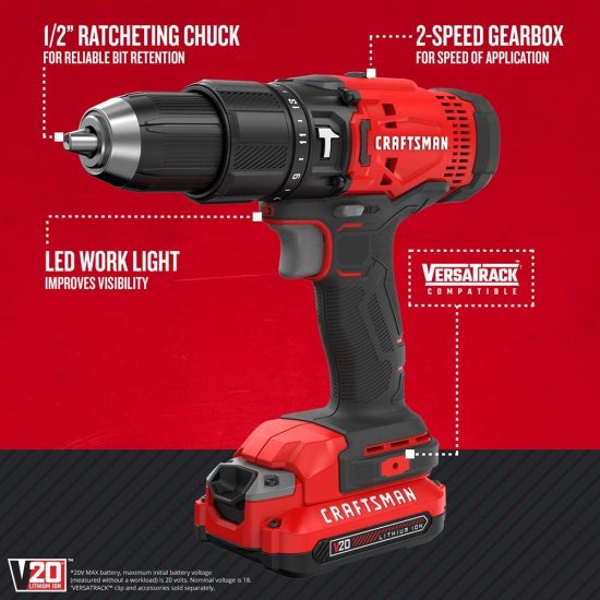 CRAFTSMAN V20 Cordless Hammer Drill Kit with Drill Bit Set/Screwdriver Set, 21-Piece, Titanium (CMCD711C2 &amp; CMAM3211)_2