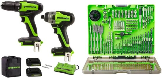 Greenworks 24V Brushless Drill/Driver + Impact Drive Combo Kit, Batteries and Dual Port Charger Included, with 90-Piece Impact Rated Driving Bit