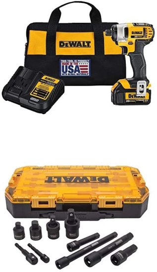 Dewalt デウォルト 20V MAX Impact Driver Kit, 1 Battery with Socket Adapter Set, 10-Piece, 3/8" &amp; 1/2" Drive, Metric (DCF885L1 &amp; DWMT74741)