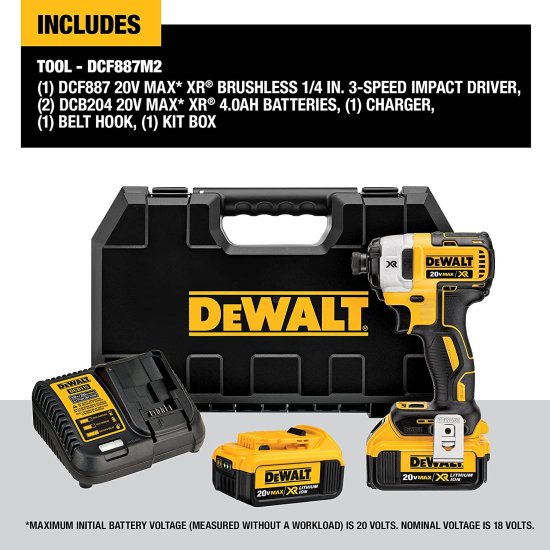 Dewalt デウォルト 20V MAX* XR Impact Driver Kit, Brushless, 3-Speed, 1/4-Inch, 4.0-Ah (DCF887M2)_1