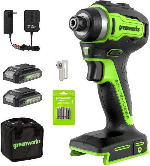 Greenworks 24V Brushless Cordless Impact Driver Kit 1950 in./lbs Torque 1/4'' Hex Collet Variable Speed 2×2Ah Batteries with 2A Charger LE