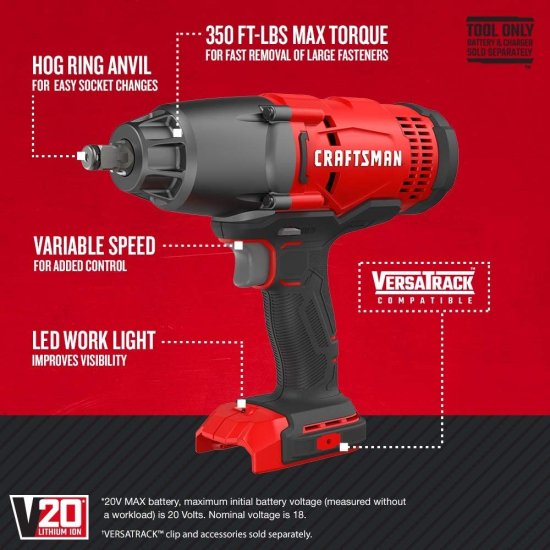 CRAFTSMAN V20* Cordless Impact Wrench, Tool Only (CMCF900B)_5