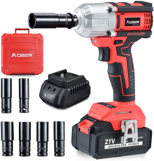 AOBEN 21V Cordless High Torque Impact Wrench 1/2 inch, Powerful Brushless Motor with Max Torque 450 ft-lb (600N.m), 4.0Ah Battery, 6 PCS Sockets