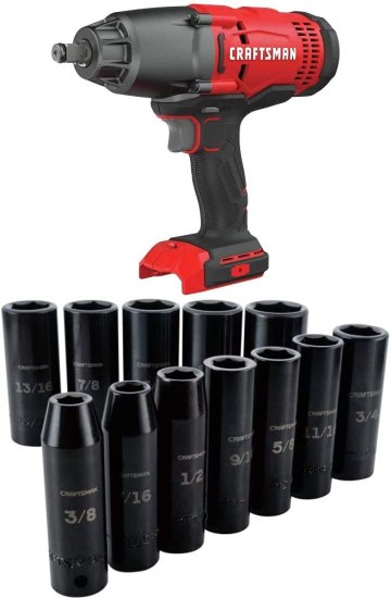 CRAFTSMAN V20 Cordless Impact Wrench, Tool Only with Deep Impact Socket Set, SAE, 1/2-Inch, 12 Pieces (CMCF900B &amp; CMMT15886)